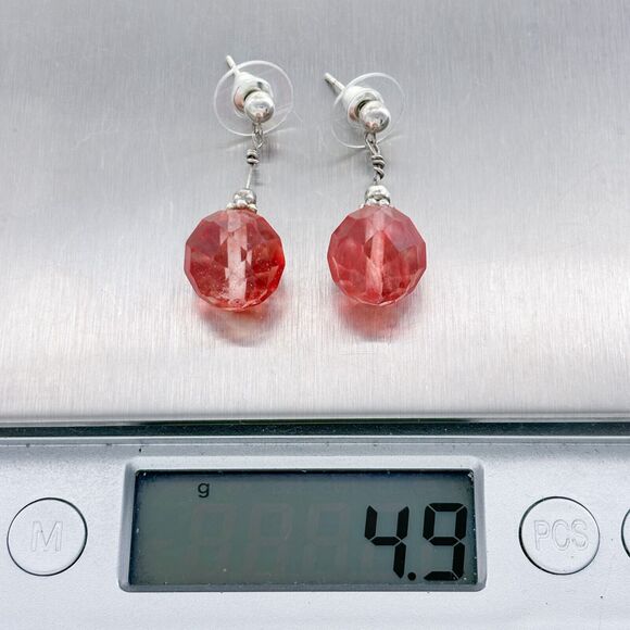 Vintage Artisan Sterling Silver 925 Faceted Red Swirl Glass Bead Dangle Earrings - Picture 4 of 4